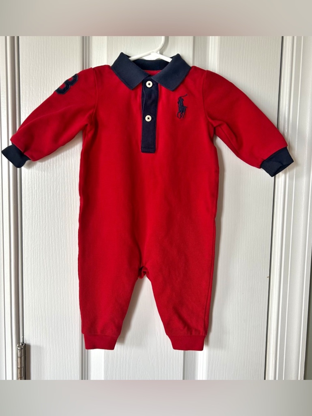 Ralph Lauren Baby 6M Polo Romper Red Rugby Big Pony Long Sleeve One Piece Outfit